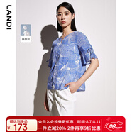 LANDI桑蠶絲圓領短袖綁帶套頭襯衫女夏季新款真絲上衣 花色 S