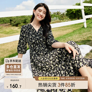 尚都比拉度假風(fēng)碎花連衣裙女夏天V領(lǐng)氣質(zhì)中長(cháng)裙收腰A字雪紡裙子 黑花 M