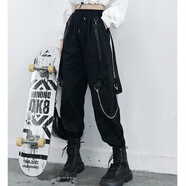 紫昕月機能工裝褲子女秋冬韓版嘻哈寬松女女個(gè)性口袋休閑褲闊腿褲潮 黑色093收藏送鏈條 XL