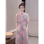 皮爾卡丹（pierrecardin）法式碎花氣質(zhì)連衣裙女裝2025年新款夏裝收腰顯瘦長(zhǎng)款短袖V領(lǐng)裙子 圖片色 M [100-110斤]