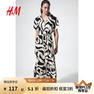 H&M女裝花卉連衣裙夏季通勤氣質(zhì)腰部系帶襯衫式短袖連身裙1233620 奶油色/圖案 155/80 XS
