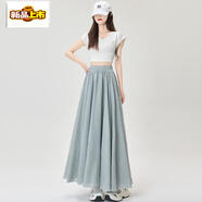 初徑冰絲棉麻百褶裙半身裙女夏季款高腰顯瘦遮胯垂感a字傘裙大擺長(cháng)裙 藍灰 M