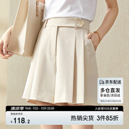 尚都比拉（Sentubila）女裝夏簡約時尚純色時髦扣袢收腰對褶闊腿短褲女 杏白色 S 