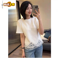 皮爾卡丹（pierre cardin）【店鋪】棉大碼歐貨蕾絲拼接短袖t恤女2025春夏新款寬松顯瘦時(shí)尚 白色 XXS