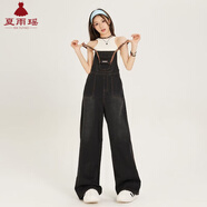 夏雨瑤美式復古牛仔背帶褲女秋季新款吊帶設計寬松bf風(fēng)減齡闊腿連體褲潮 【單件】背帶褲 M