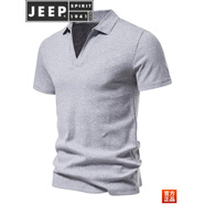 JEEP SPIRIT美式休閑男T恤歐美簡約亨利衫純棉翻領夏季短袖彈力V領修身男體恤 淺灰色 L 【120-130斤】