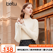 百圖betu女裝冬季新款毛衣蕾絲花邊半高領長袖打底衫女2311T30 米白 L