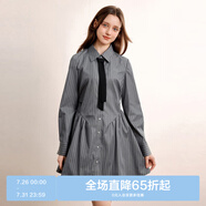 樂町高知學(xué)院風(fēng)領(lǐng)帶襯衫裙肌理感條紋收腰抽褶長袖裙 黑白條紋（現(xiàn)貨） S