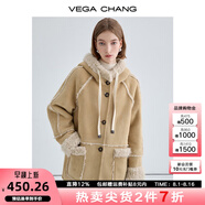 VEGA CHANG加絨皮毛一體短外套女2025年秋冬新款減齡抽繩連帽外套 烤面包棕 S