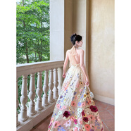 GJFDGood Job【花間密語(yǔ)】法式重工花朵刺繡掛脖連衣裙小眾高級感裙子 茗茶色底 M