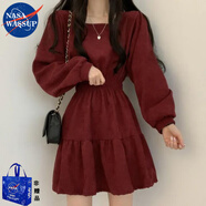 NASAWASSUP美式歐貨連衣裙女韓版學(xué)生秋冬方領(lǐng)顯瘦寬松高腰連衣裙 酒紅色 S