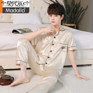 莫代爾品牌冰絲睡衣男士短袖套裝夏天薄款大碼青年長(cháng)袖開(kāi)衫冰絲家居服 男士短長(cháng) 香檳色皇冠 2XL (140-160斤)
