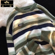 冰隱條紋圓領(lǐng)毛衣男秋冬季潮流復古寬松日系套頭針織衫外套情侶裝 綠色條紋毛衣AMP L 105-120斤