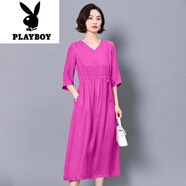 花花公子（PLAYBOY）v領(lǐng)重磅真銅氨絲夏季媽媽裝收腰連衣裙過(guò)膝七分袖短袖大擺長(zhǎng)裙 玫紅色-七分袖 M