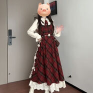 GOCHIEI秋冬兩件套裝韓系復古紅色毛呢格子背心連衣裙+杏色襯衫女送領(lǐng)結 [單件]紅格背帶裙 XL 建議116-125斤