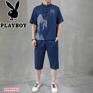 花花公子（PLAYBOY）夏季麻短袖青年輕佛系套裝新中式禪修服居士禪意T恤衫 T104杏 H1689藏青色/冰絲料(短袖+短褲) M