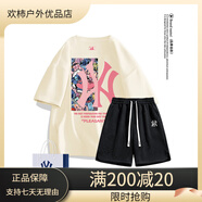 珂梵圖it.new聯(lián)名品牌男士T恤夏季新款短袖體恤衫寬松時尚印花上衣圓領(lǐng) 杏色+黑色短褲 S 均碼
