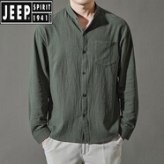 JEEP SPIRIT純|棉男土長(zhǎng)袖t恤夏季薄款透氣棉麻襯衫中國(guó)風(fēng)男士戶外防曬工作服 8K02袖長(zhǎng)軍綠 L (100-115斤)