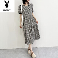 花花公子（PLAYBOY）拼接花色棉綢新款女士連衣裙高腰寬松大碼胖MM可穿夏季薄款人造棉 黑白 黑白條紋格子 4XL 90-125斤