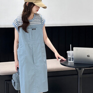 女童假兩件洋裝2025夏裝新款兒童背心裙子女孩A字裙洋派長(cháng)裙夏 天藍色 170 cm