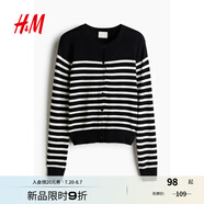 H&M女裝毛針織衫夏季慵懶風(fēng)圓領(lǐng)長袖打底衫短款外套0579541 黑色/白色條紋 M 165/96