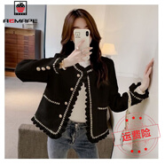 AEMAPE溫柔風(fēng)氣質(zhì)時(shí)尚小香風(fēng)短款外套女2025春秋法式復古網(wǎng)紗拼接上衣 黑色  常規 3XL 145-155斤