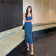 海青藍（CYANINE SEA）時(shí)尚法式方領(lǐng)褶皺收腰顯瘦氣質(zhì)連衣裙女 海青藍 S