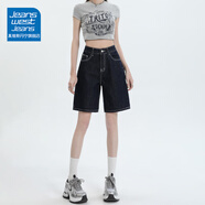 真維斯（Jeanswest）深藍色牛仔五分短褲女夏季新款高腰顯瘦寬松直筒中褲 深藍色 XS