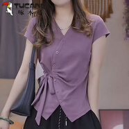 啄木鳥(niǎo)（TUCANO）法式25新款不規則設計側邊短袖夏季V領(lǐng)T恤綁帶氣質(zhì)顯瘦上衣女 紫色 L 建議85-105斤