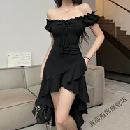 真即黑色荷葉邊不規(guī)則連衣裙女夏季新款一字肩收腰性感掛脖綁帶裙子女 黑色 【百搭彈力款】 XL 120-128斤左右