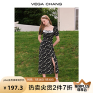 VEGA CHANG碎花連衣裙女2025年夏季方領(lǐng)法式小眾泡泡袖下擺開叉茶歇印花裙子 花色（長款） M