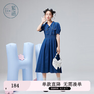 紫涵（ZIHAN）夏季復古牛仔連衣裙文藝翻領(lǐng)短袖長(cháng)裙高收腰時(shí)尚簡(jiǎn)約 牛仔藍 S