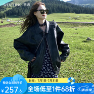 西遇J美式機(jī)能風(fēng)復(fù)古重工外套秋款女裝2024年新款高級(jí)感夾克皮衣 黑色長(zhǎng)款（SS140818） S