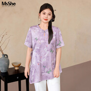 MsShe【新中式國風(fēng)套裝】大碼女裝2025夏裝胖mm印花小衫半身裙子 小衫-桔梗紫色現(xiàn)貨 3XL