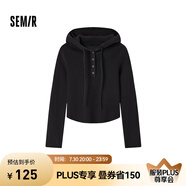 森馬毛衣女短款純色緊身小個(gè)子套頭衫簡約風(fēng)春季女士連帽上衣百搭 黑色90001 170/92A/XL