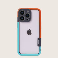 OIMG適用于蘋(píng)果16軟邊框iPhone15Promax手機殼14硅膠保護套13Apple防摔 藍+橙 鏤空 透氣散熱-硅膠軟邊手感 iPhone 16【鏤空相機按鍵】