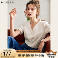 Olrain歐芮兒白色V領(lǐng)短袖襯衫女夏季寬松泡泡袖重工刺繡蕾絲衫襯衣女 白色 L