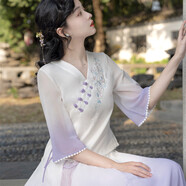 蒂默奇禪茶服女裝改良漢服民國(guó)風(fēng)漢元素漢連衣裙女新中式日常V領(lǐng)采耳藝 漸變紫上衣 2XL 116-125斤參考