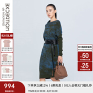 例外（EXCEPTION）新中式女裝春秋氣質(zhì)不規則圓領(lǐng)繭型寬松氣質(zhì)中長(cháng)款連衣裙 藏藍/89 S