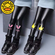 G.DUCKKIDS女童打底褲PU皮褲加絨秋冬款兒童冬裝修身皮褲女孩打底褲外穿百搭 2條裝【小兔黑色絨+皇冠黑色絨】 130 cm適合120-130cm年齡7-8歲