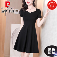 皮爾卡丹（pierre cardin）赫本風連衣裙2025新款V領黑色氣質a裙子女夏裝短袖修身顯瘦小黑裙 黑色短*袖 S 建議85~95斤