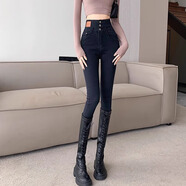 BMOI超高腰牛仔褲女彈力秋季緊身小腳褲子新款排扣收腹靴褲鉛筆褲子 純黑色 常規 S 建議80-95斤