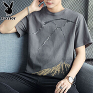 花花公子（PLAYBOY）純棉短袖t恤男士2025新款半袖體恤衫寬松潮流夏季男裝上衣服 Z829灰色 L 【建議115-128斤】