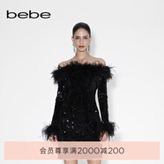 bebe冬季系列女士時(shí)尚純色一字領(lǐng)毛毛亮片長(zhǎng)袖連衣裙450009 黑色 XS