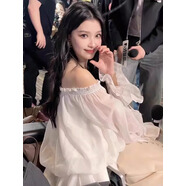 紀姿蘭孫怡白色法式一字肩雪紡衫連衣裙女設計感不規則荷葉邊裙白 M建議90-100左右