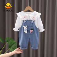 G.duck小黃鴨一歲女寶寶春秋季可愛(ài)小兔套裝嬰幼兒背帶牛仔長(cháng)褲洋氣襯衫 XP 牛仔蘿卜背帶套裝藍色 80 cm