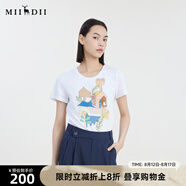 謎底夏季新款圓領(lǐng)特色印花T恤短袖女修身繡花上衣232MT0683 亮白 S