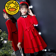 G.DUCKKIDS品牌童裝女童套裝公主裙新款兒童女孩套裝秋冬兩件套裙子春秋 紅色裙子+打底衫+披肩帽子 150 建議58-65斤