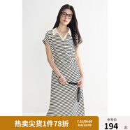 獨束大碼女裝POLO領(lǐng)條紋收腰連衣裙2024夏季新款休閑百搭 黑白條紋 XL (尺碼：3)