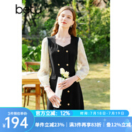 百圖betu女裝春夏新款連衣裙方領(lǐng)雙層蕾絲長袖連衣裙女2302T73 黑色 XS